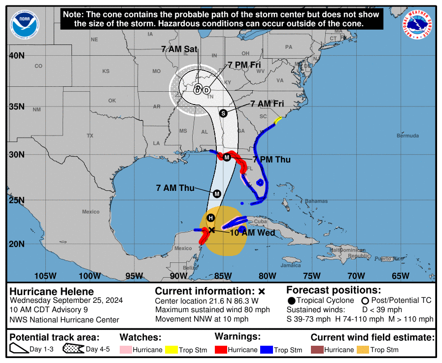 TROPICAL STORM WATCH Projected path of Hurricane Helene coming toward